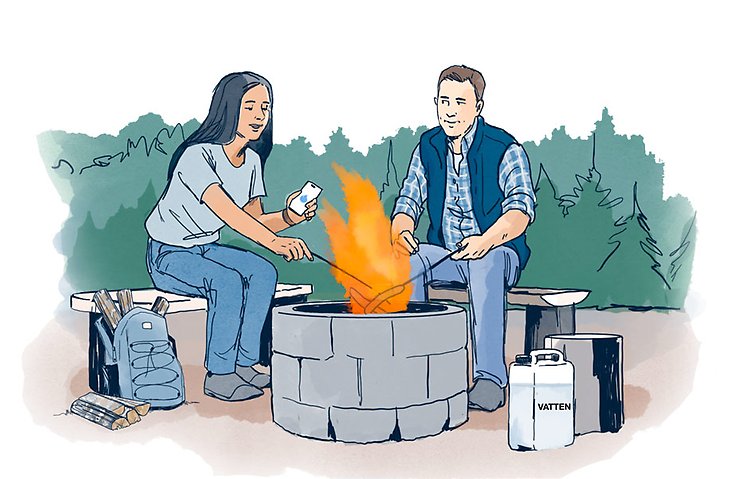 En illustration med en man och en kvinna sitter runt en lägereld.