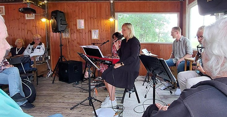 Två kvinnor och två män sjunger och spelar.