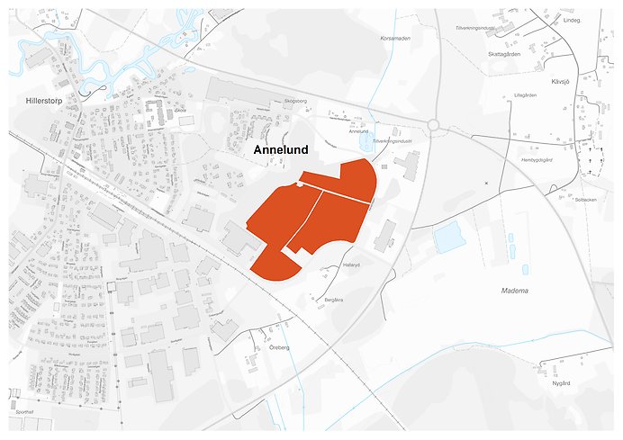 Kartbild över ledig industrimark Annelund i Hillerstorp.