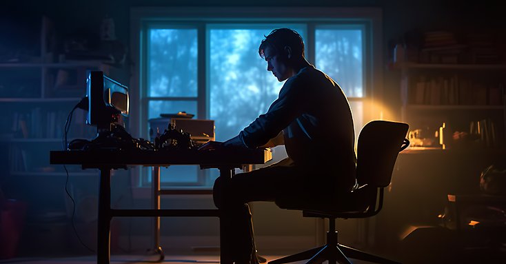 En ung man sitter ensam framför en dator.