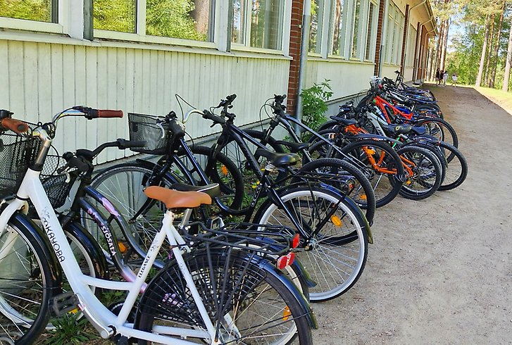 Många cyklar i ett cykelställ.