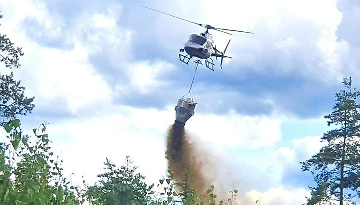 Helikopter som flyger och kalkar över trädtoppar.